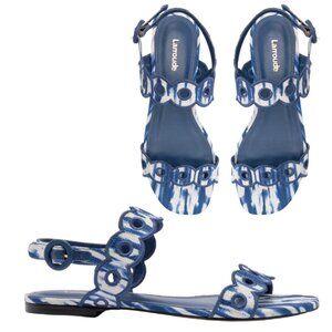 Larroude Florence Broderie Flat Sandal In Tie Dye Blue Raffia